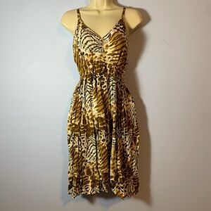 CYN Cynthia mehra size large tan brown mixed animal print vneck babydoll dress